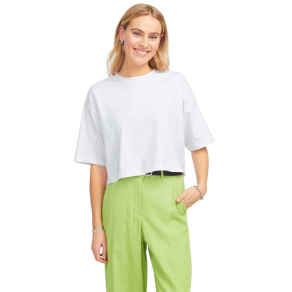 Bright White - Side - JJXX Womens-Ladies Plain Round Neck Loose Fit Crop Top