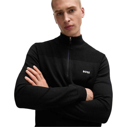 Black - Side - Boss Mens Zip Neck Regular Pullover