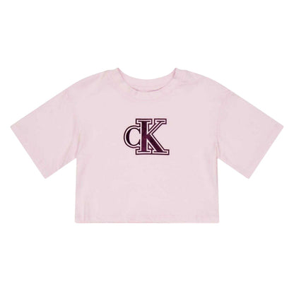Pearl Pink - Front - Calvin Klein Childrens-Kids Embroidered Logo Cropped T-Shirt