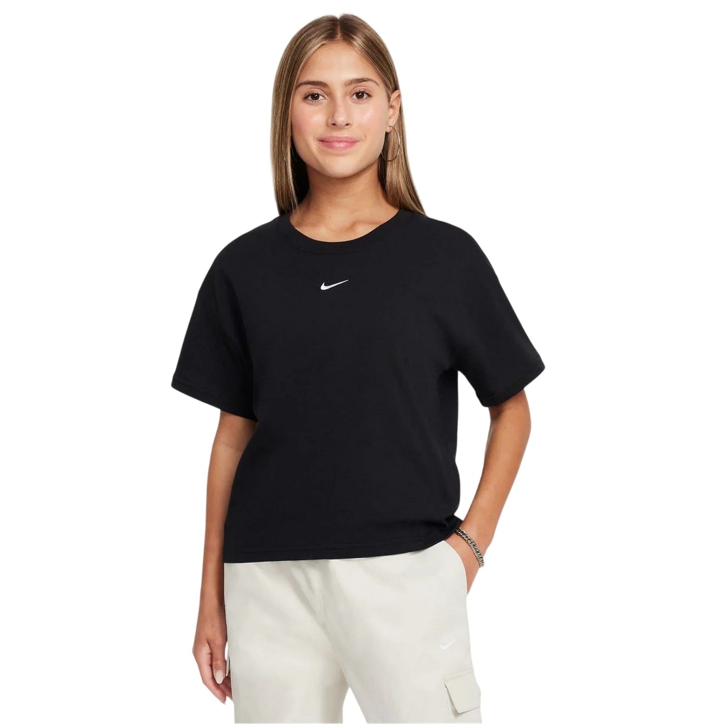 Black-White - Front - Nike Girls Swoosh Regular T-Shirt