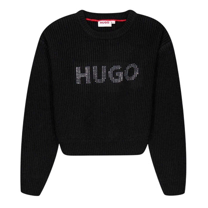 Black - Front - Hugo Childrens-Kids Logo Crew Neck Regular Sweatshirt