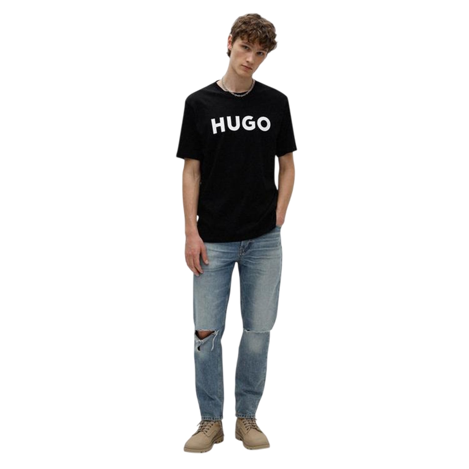 Black-White - Side - Hugo Mens Dulivio Contrast Logo T-Shirt