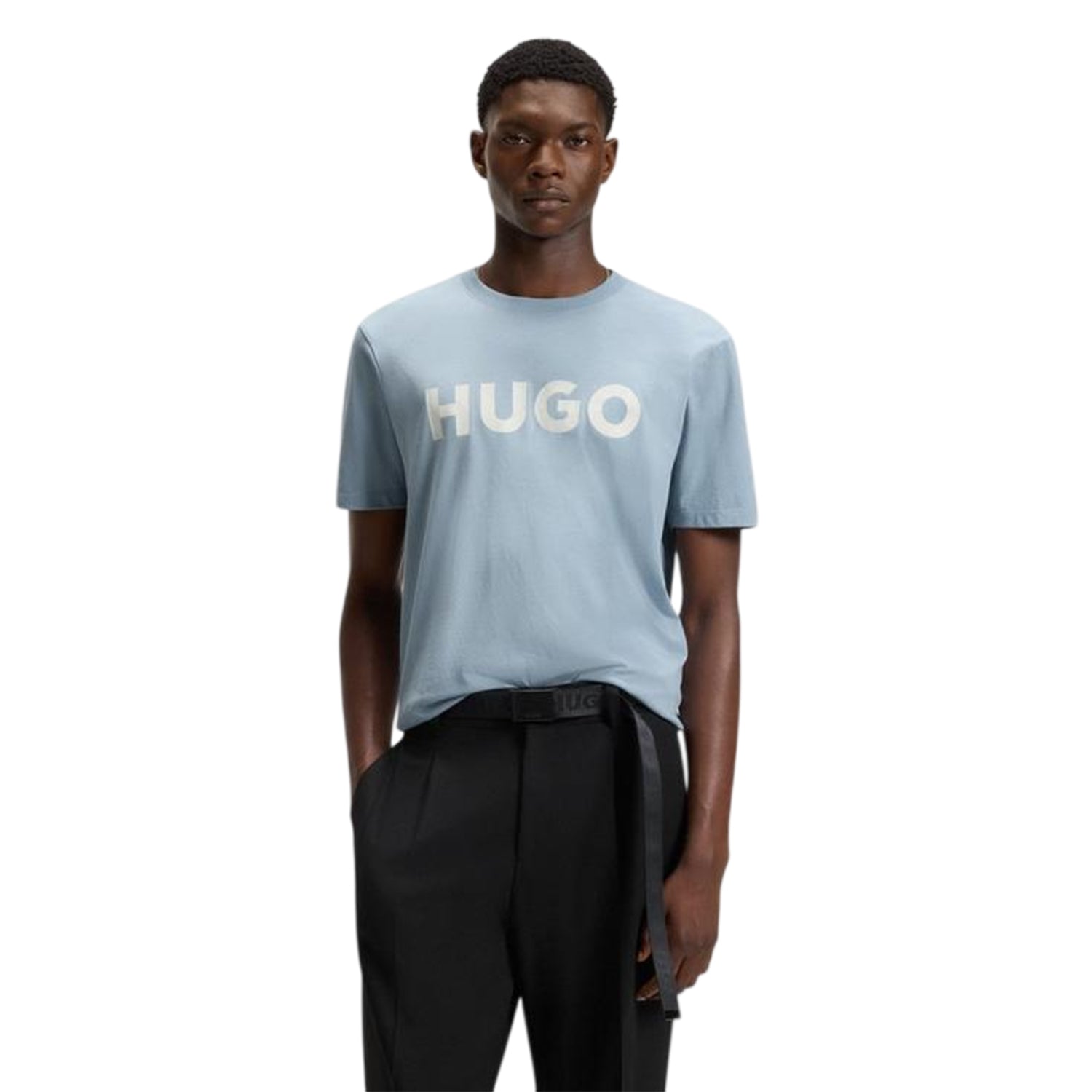 Blue - Side - Hugo Mens Dulivio Contrast Logo T-Shirt