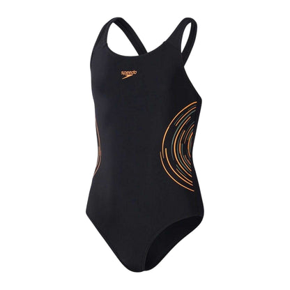 Black-Orange - Front - Speedo Girls Placement One Piece Swimsuit