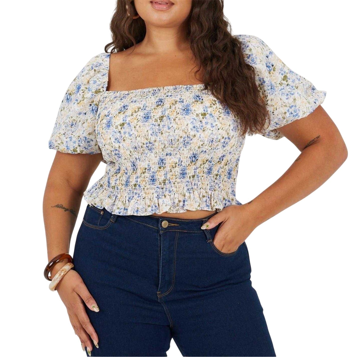 Blue - Side - Brave Soul Womens-Ladies Floral Ruched Top