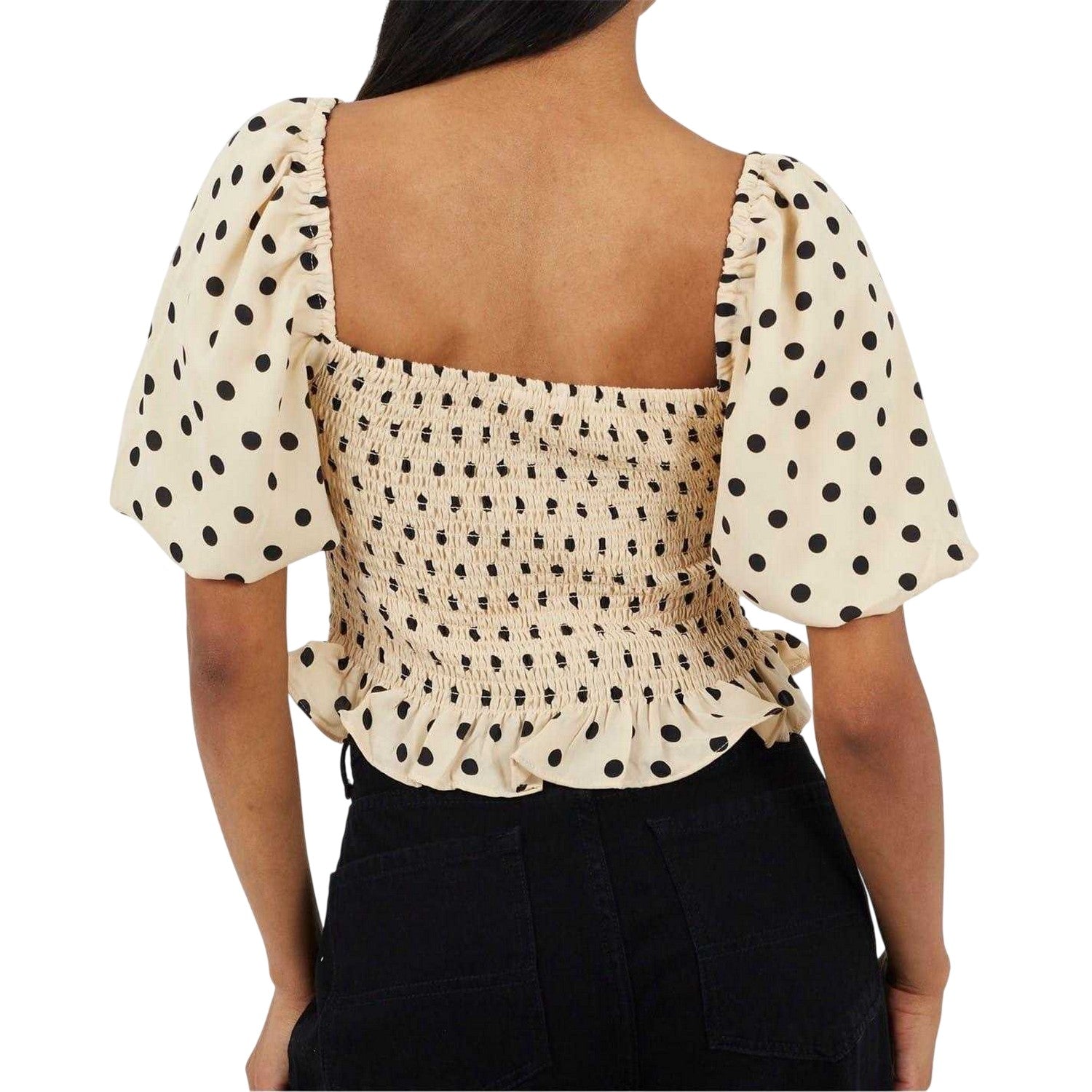 Cream-Black - Back - Brave Soul Womens-Ladies Polka Dot Square Neck Puff Sleeve Top