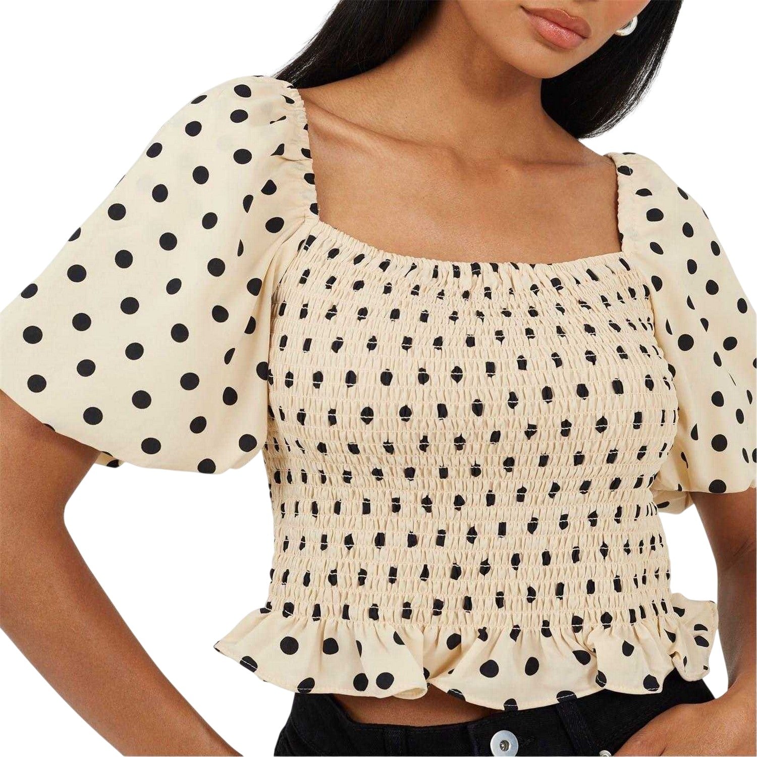 Cream-Black - Side - Brave Soul Womens-Ladies Polka Dot Square Neck Puff Sleeve Top