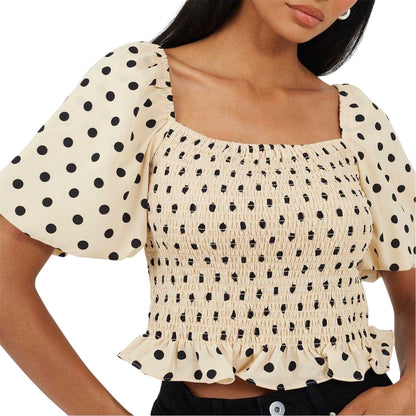 Cream-Black - Side - Brave Soul Womens-Ladies Polka Dot Square Neck Puff Sleeve Top