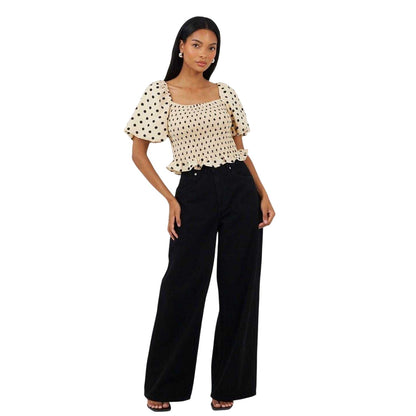 Cream-Black - Lifestyle - Brave Soul Womens-Ladies Polka Dot Square Neck Puff Sleeve Top