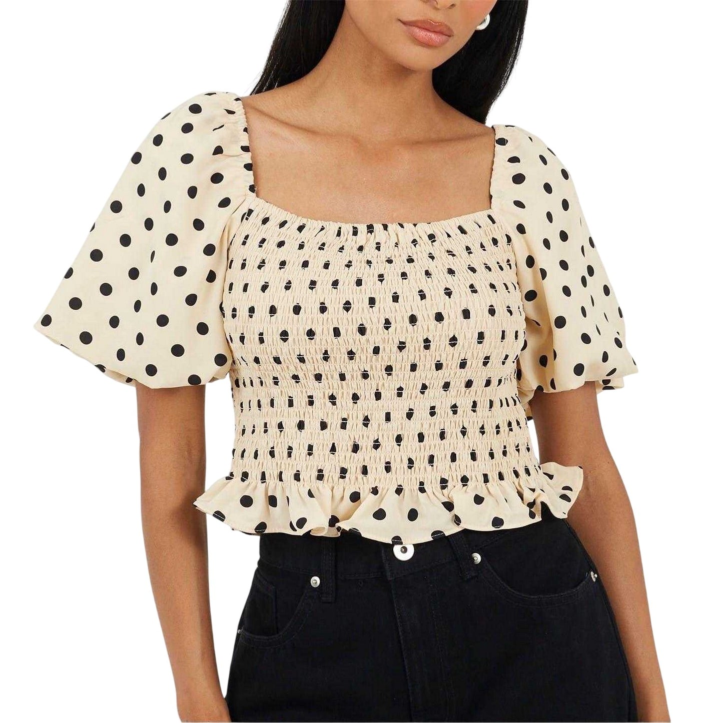 Cream-Black - Front - Brave Soul Womens-Ladies Polka Dot Square Neck Puff Sleeve Top