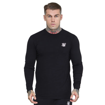 Black - Side - SikSilk Mens Essential Crew Neck Slim Long-Sleeved T-Shirt