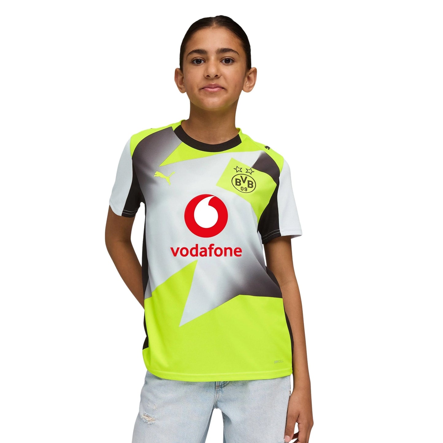 Silver-Yellow - Pack Shot - Puma Childrens-Kids 2025-2026 Borussia Dortmund Away Shirt