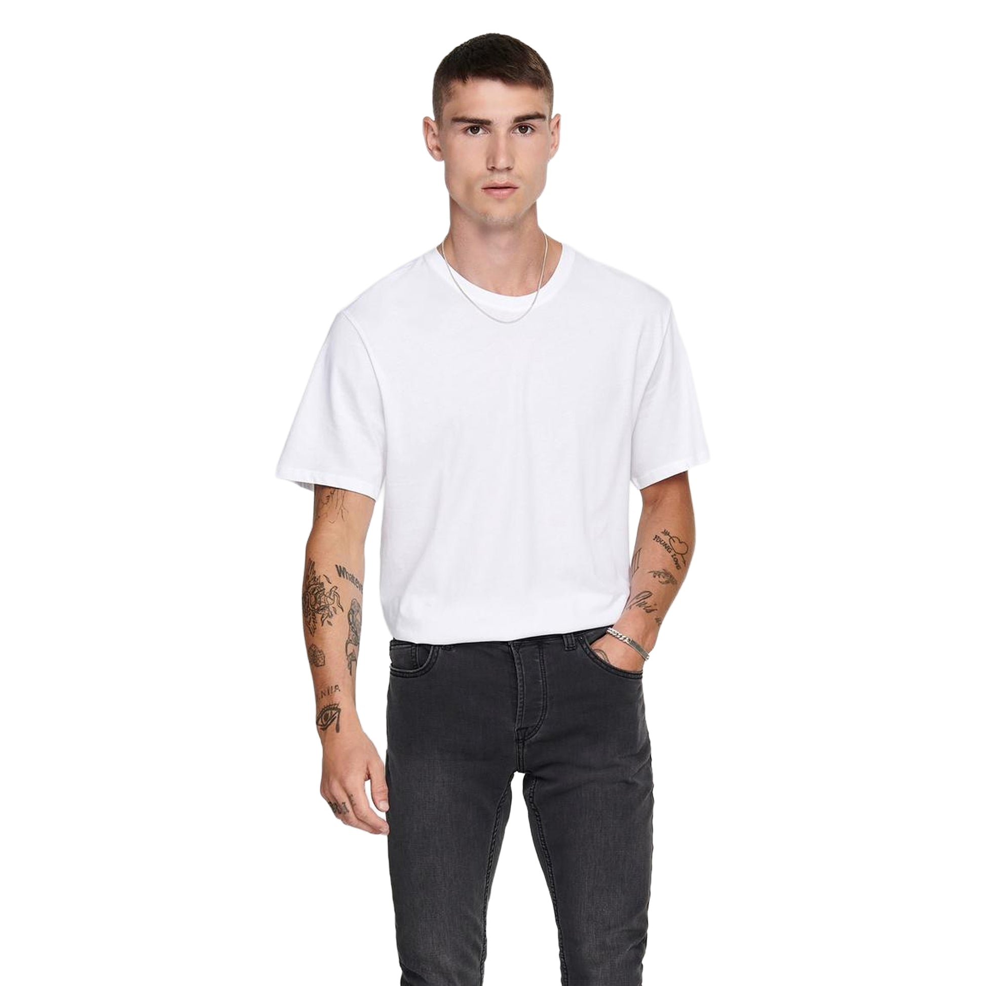 White - Side - Only and Sons Mens Crew Neck Oversized T-Shirt