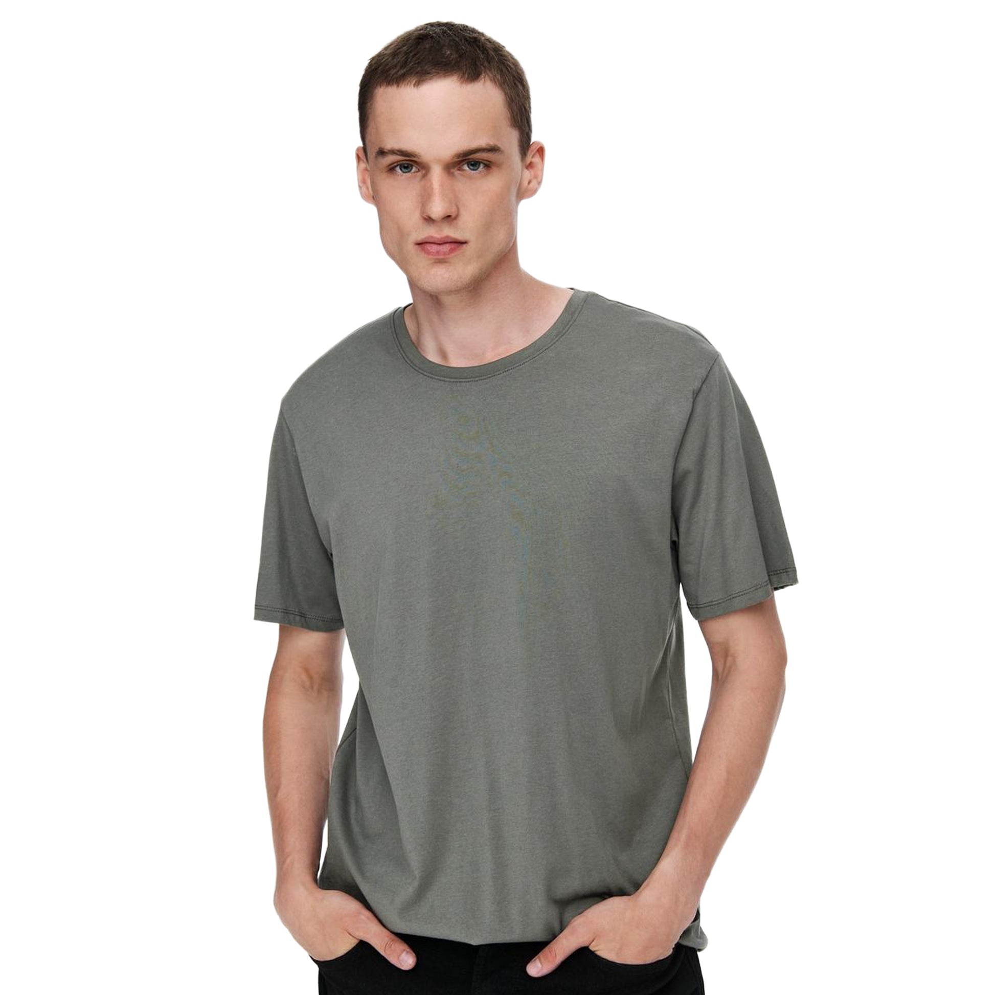 Grey - Side - Only and Sons Mens Crew Neck Oversized T-Shirt