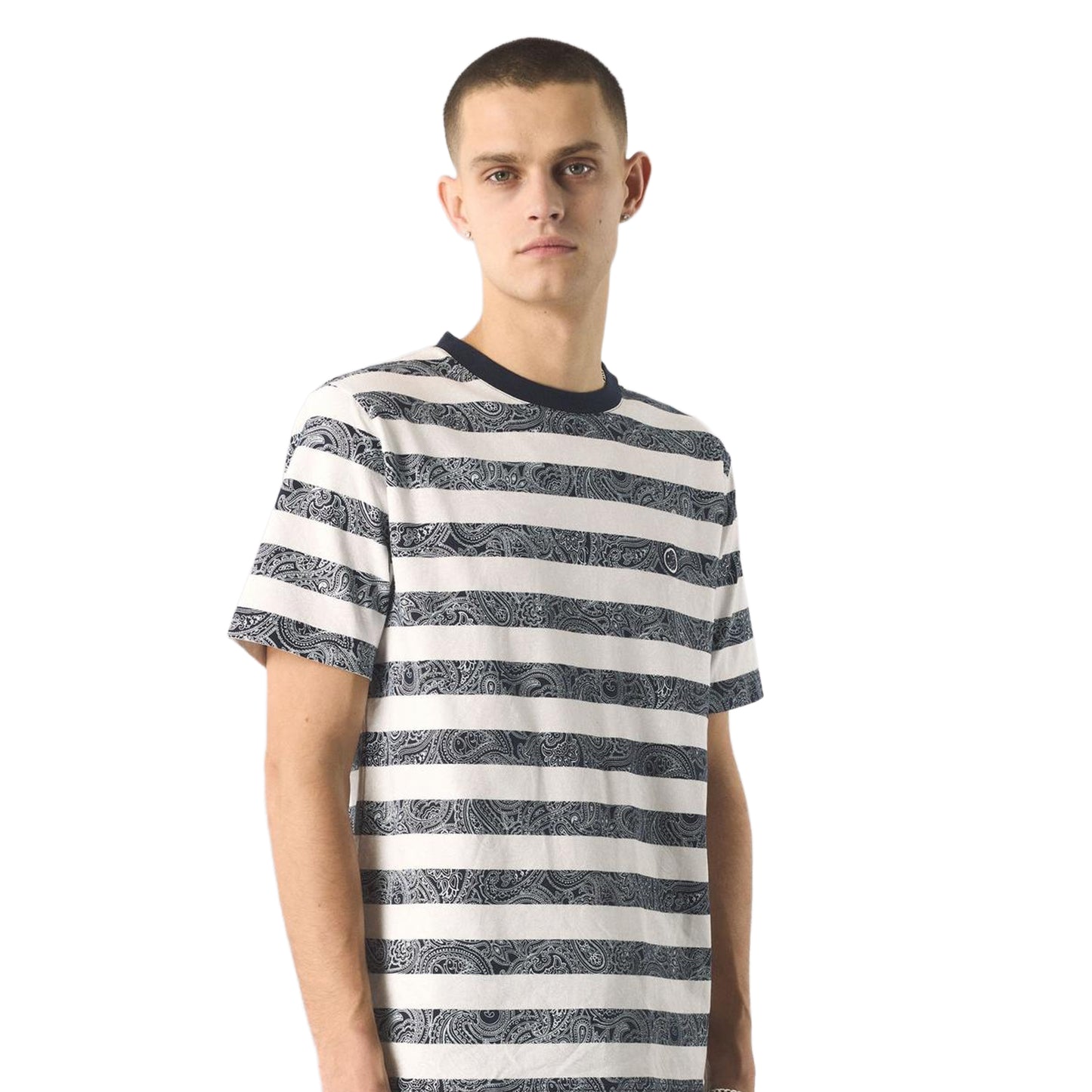 Navy - Side - Pretty Green Unisex Adult Stripe Paisley Crew Neck Regular T-Shirt