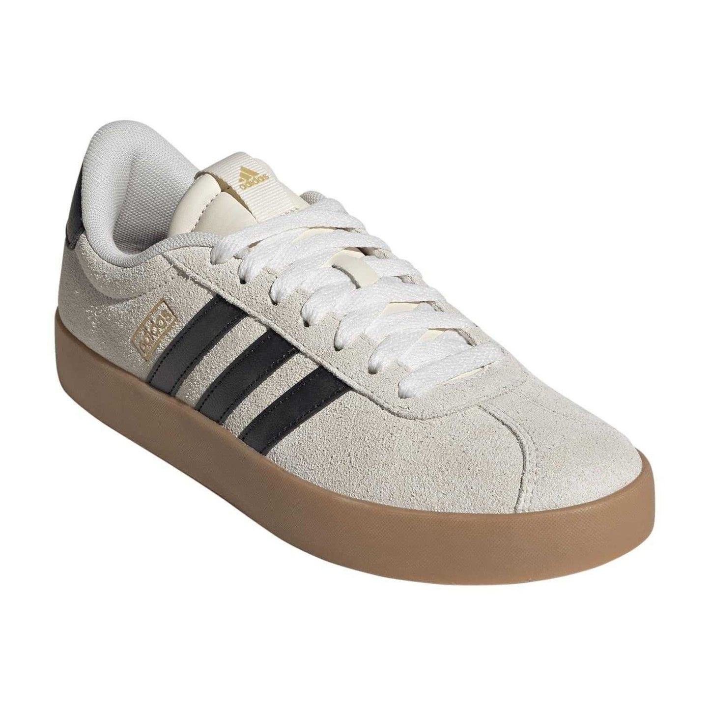 Cream-Black-Gold - Pack Shot - Adidas Womens-Ladies VL Court 3.0 Leather Flat Trainers