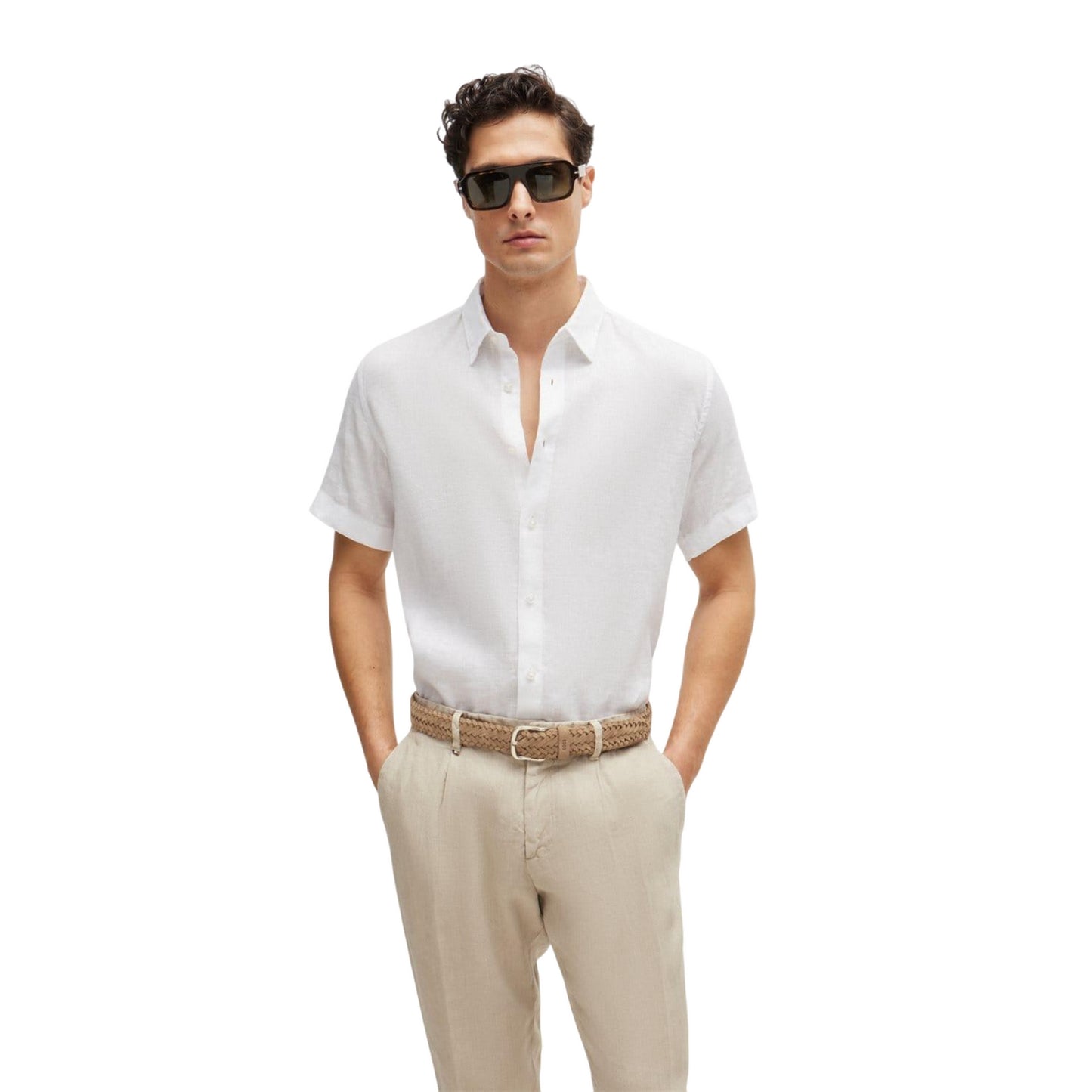 Beige - Front - Boss Sash Woven Leather Sueded Belt