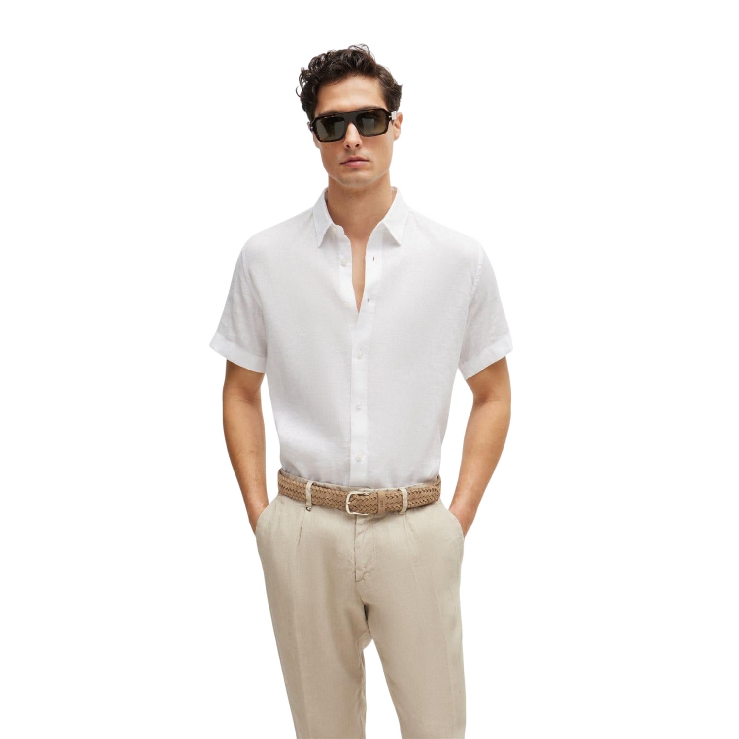 Beige - Front - Boss Sash Woven Leather Sueded Belt