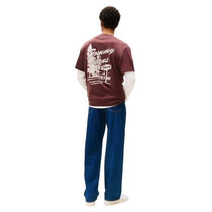 Brown - Back - Tommy Jeans Mens Lettering Ribbed Collar T-Shirt
