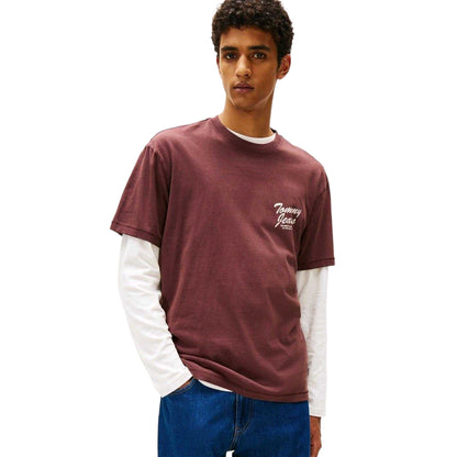 Brown - Side - Tommy Jeans Mens Lettering Ribbed Collar T-Shirt
