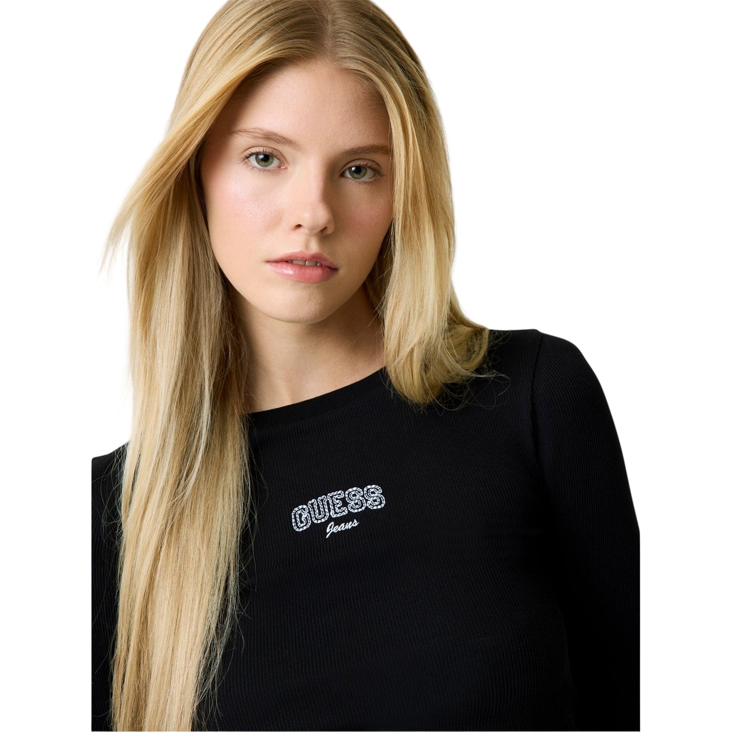 Black - Side - Guess Womens-Ladies Embroidered Slim Long-Sleeved T-Shirt