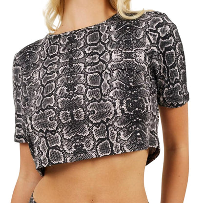 Black-White - Side - Brave Soul Womens-Ladies Snake Print Crop T-Shirt
