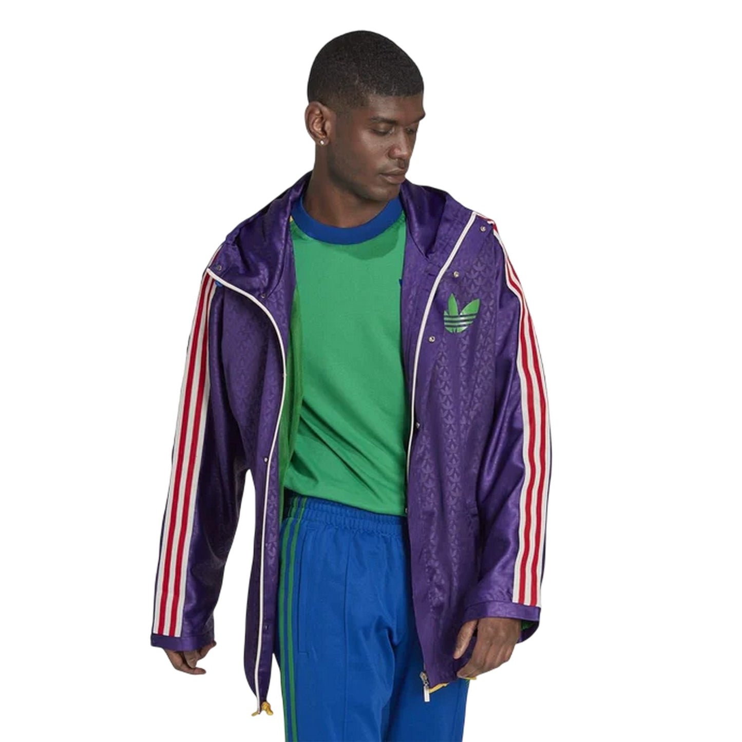Purple - Pack Shot - Adidas Mens Originals All Over Logo Hooded Waterproof Jacket