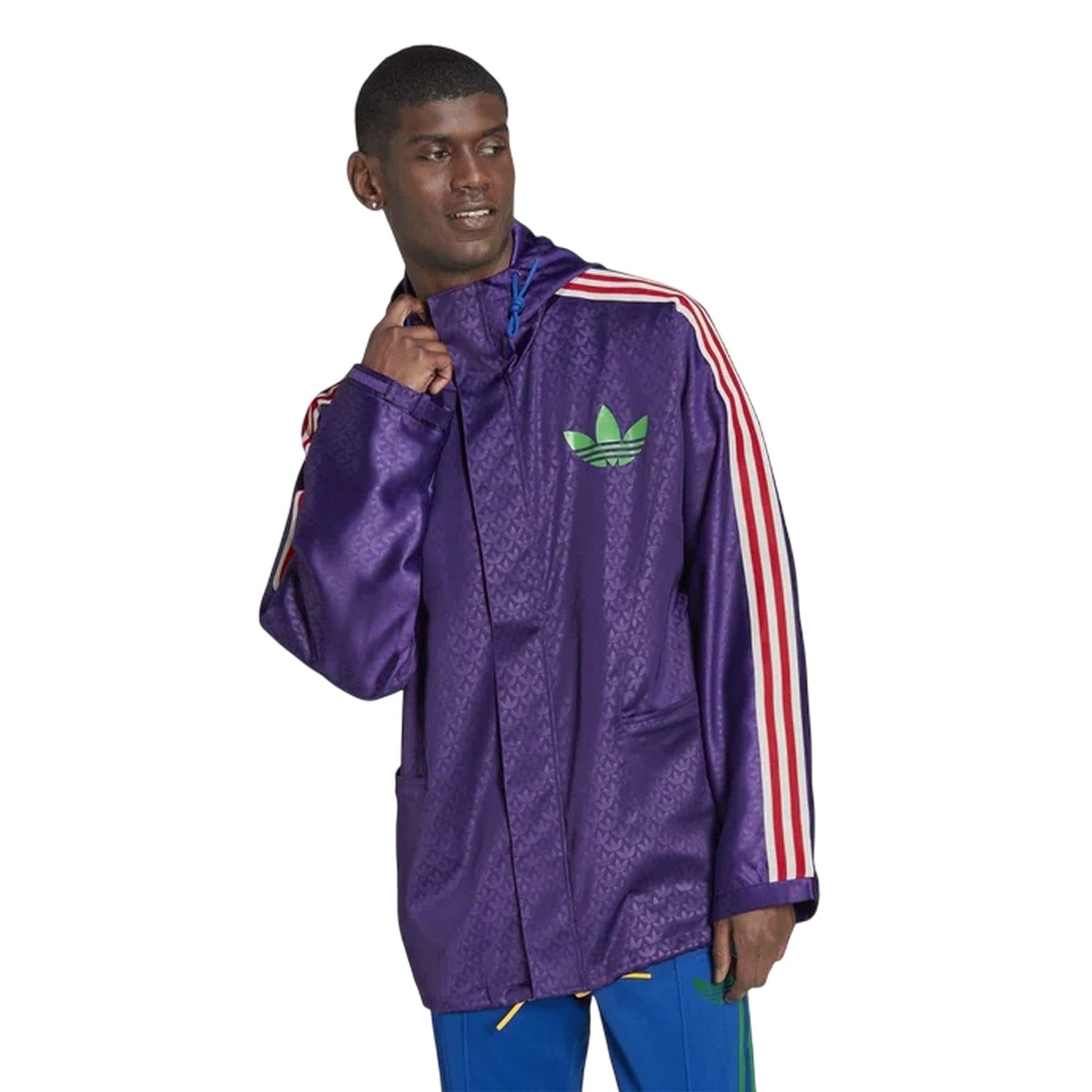 Purple - Close up - Adidas Mens Originals All Over Logo Hooded Waterproof Jacket