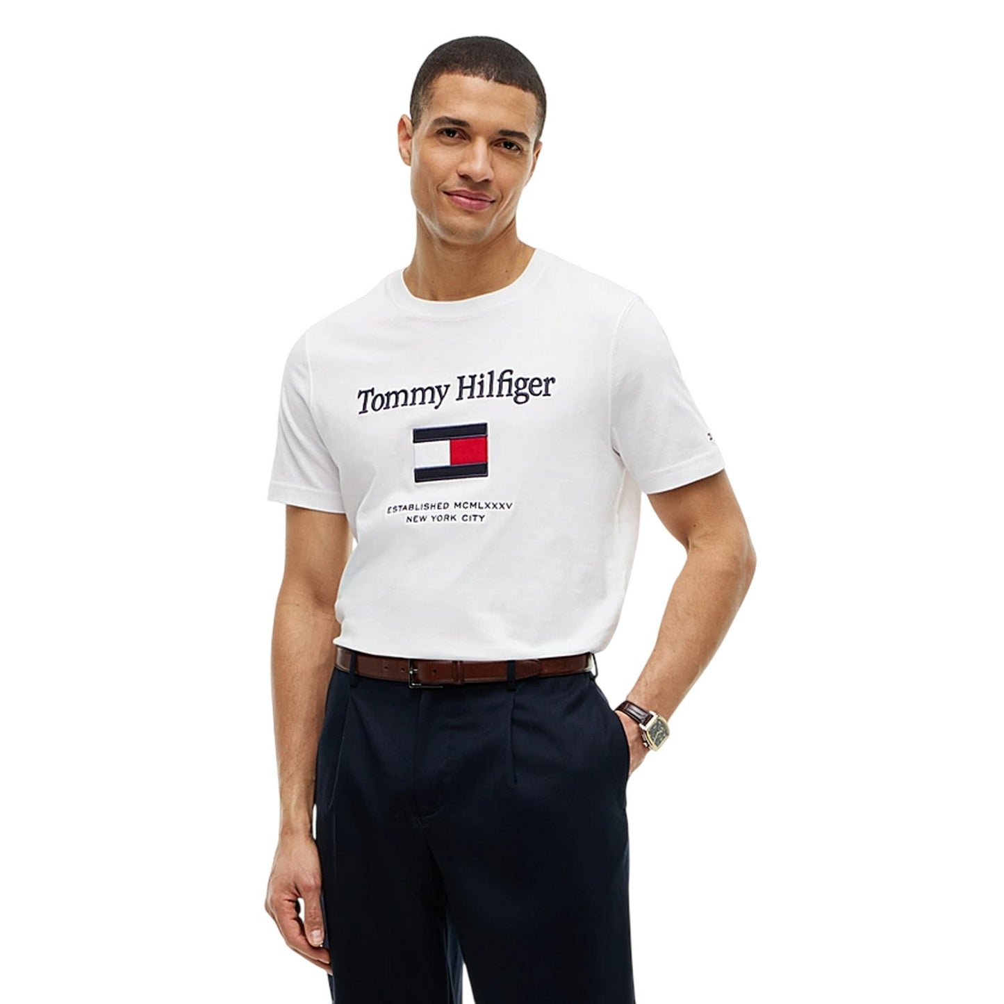 White - Lifestyle - Tommy Hilfiger Mens Flag Embroidered T-Shirt