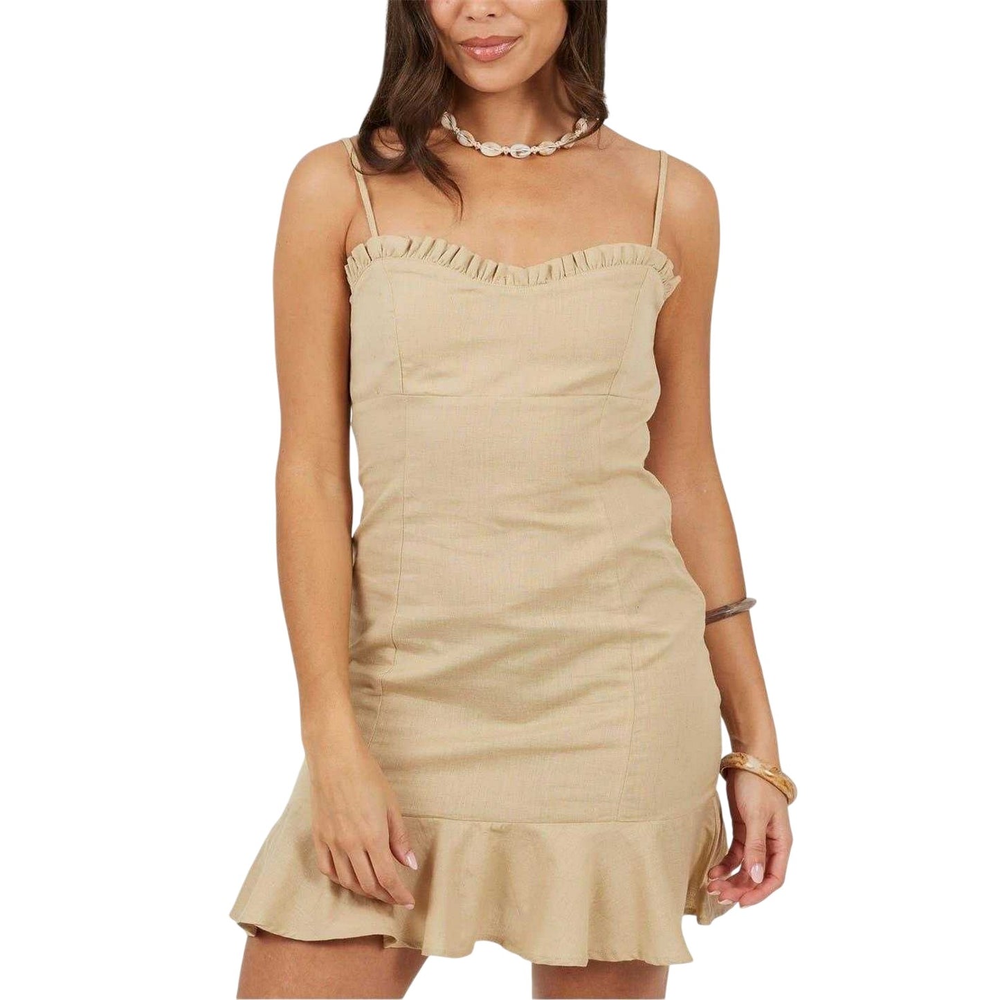 Sand - Front - Brave Soul Womens-Ladies Mini Sweetheart Slim Slip Dress