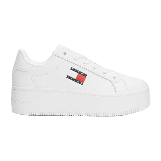 White - Front - Tommy Jeans Womens-Ladies Icon Leather Flatform Trainers