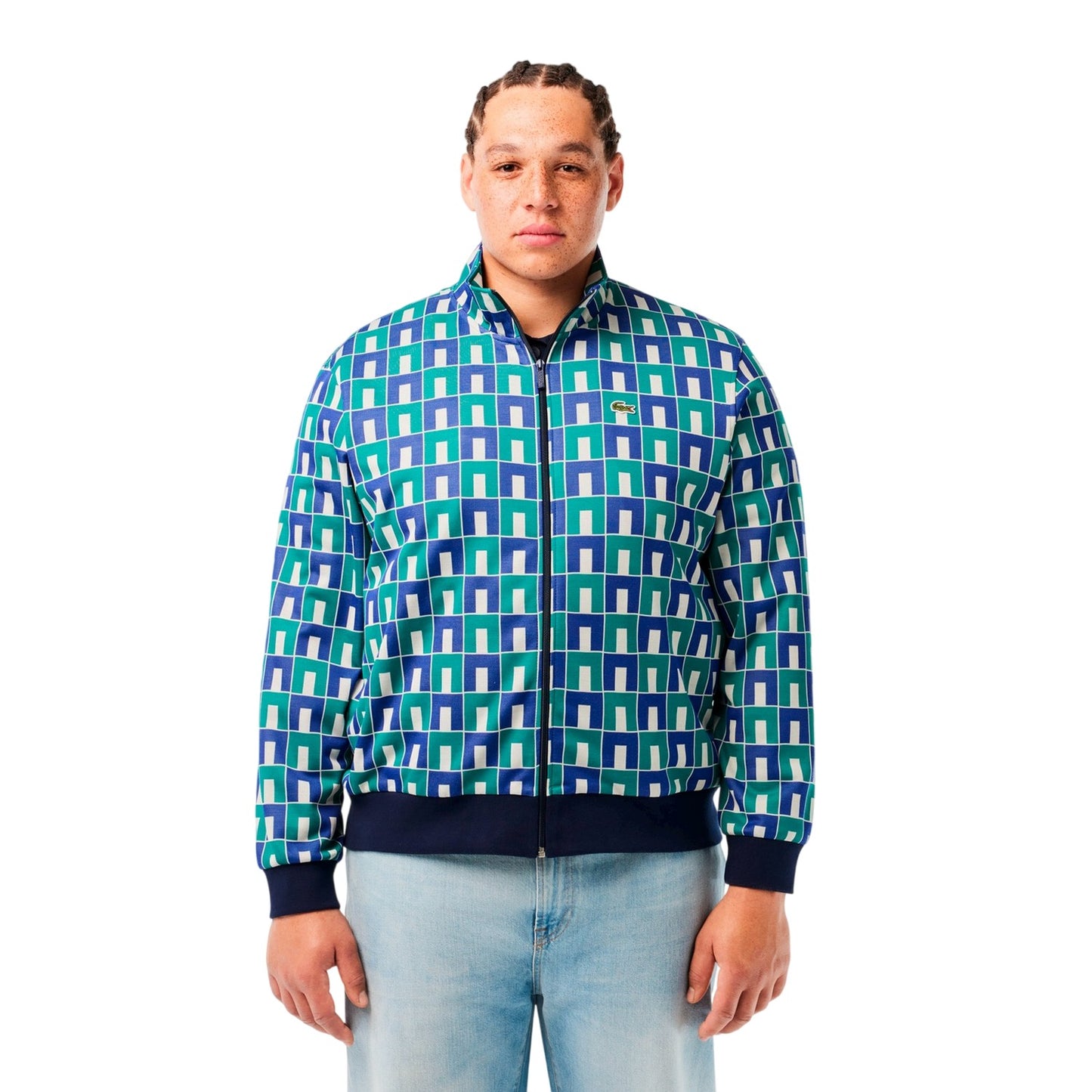 White-Blue - Side - Lacoste Mens Geometric Full Zip Sweatshirt