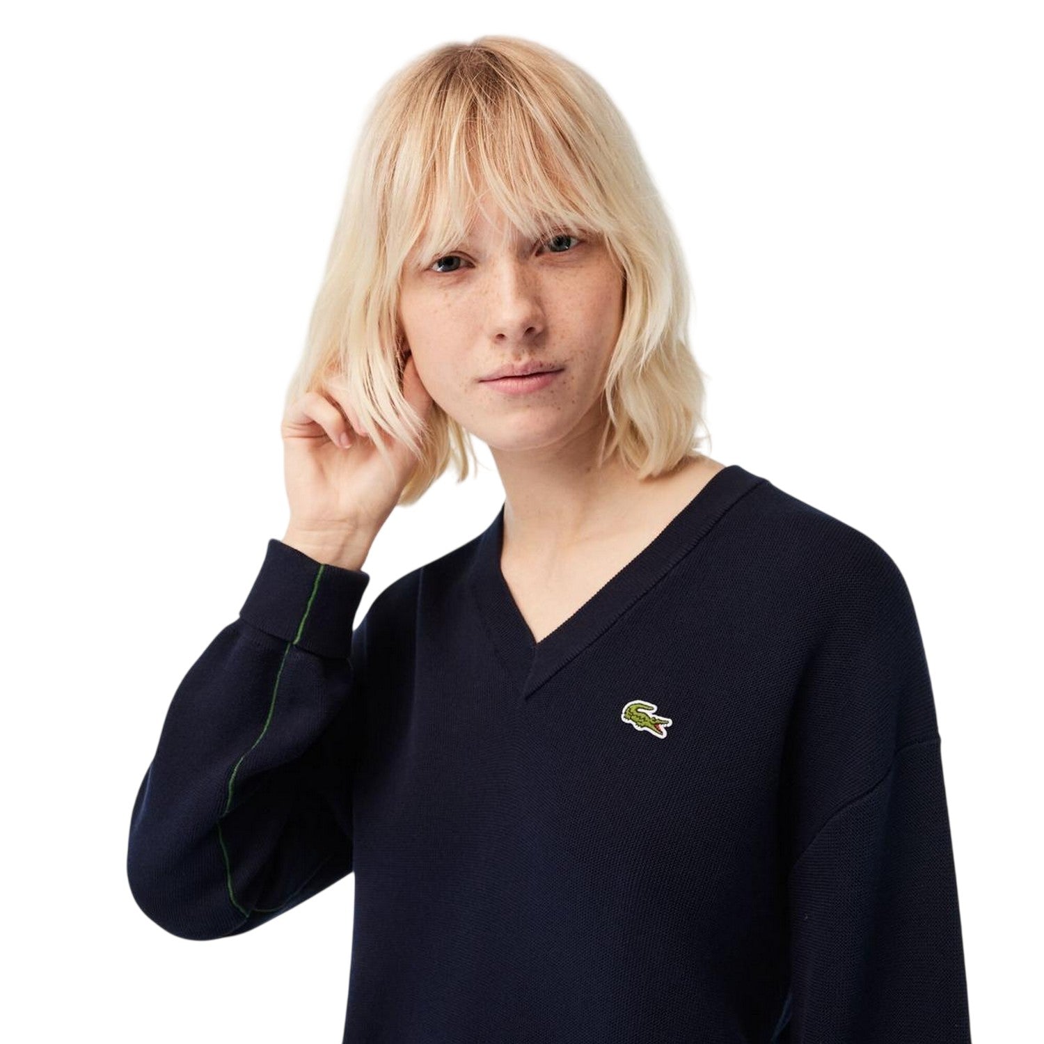 Navy Blue - Side - Lacoste Womens-Ladies Ribbed V Neck Regular Sweater Top