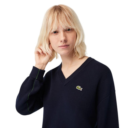 Navy Blue - Side - Lacoste Womens-Ladies Ribbed V Neck Regular Sweater Top