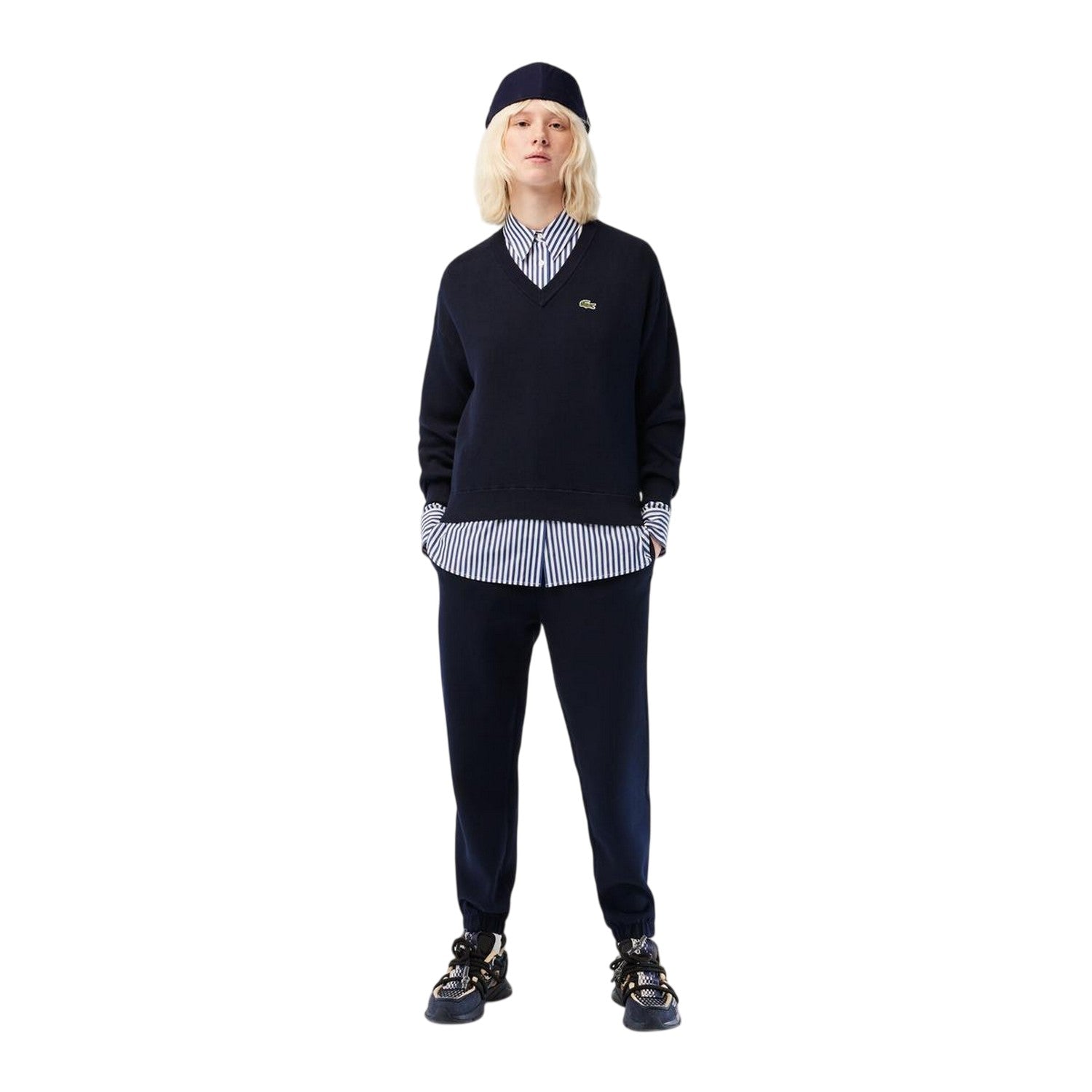 Navy Blue - Lifestyle - Lacoste Womens-Ladies Ribbed V Neck Regular Sweater Top