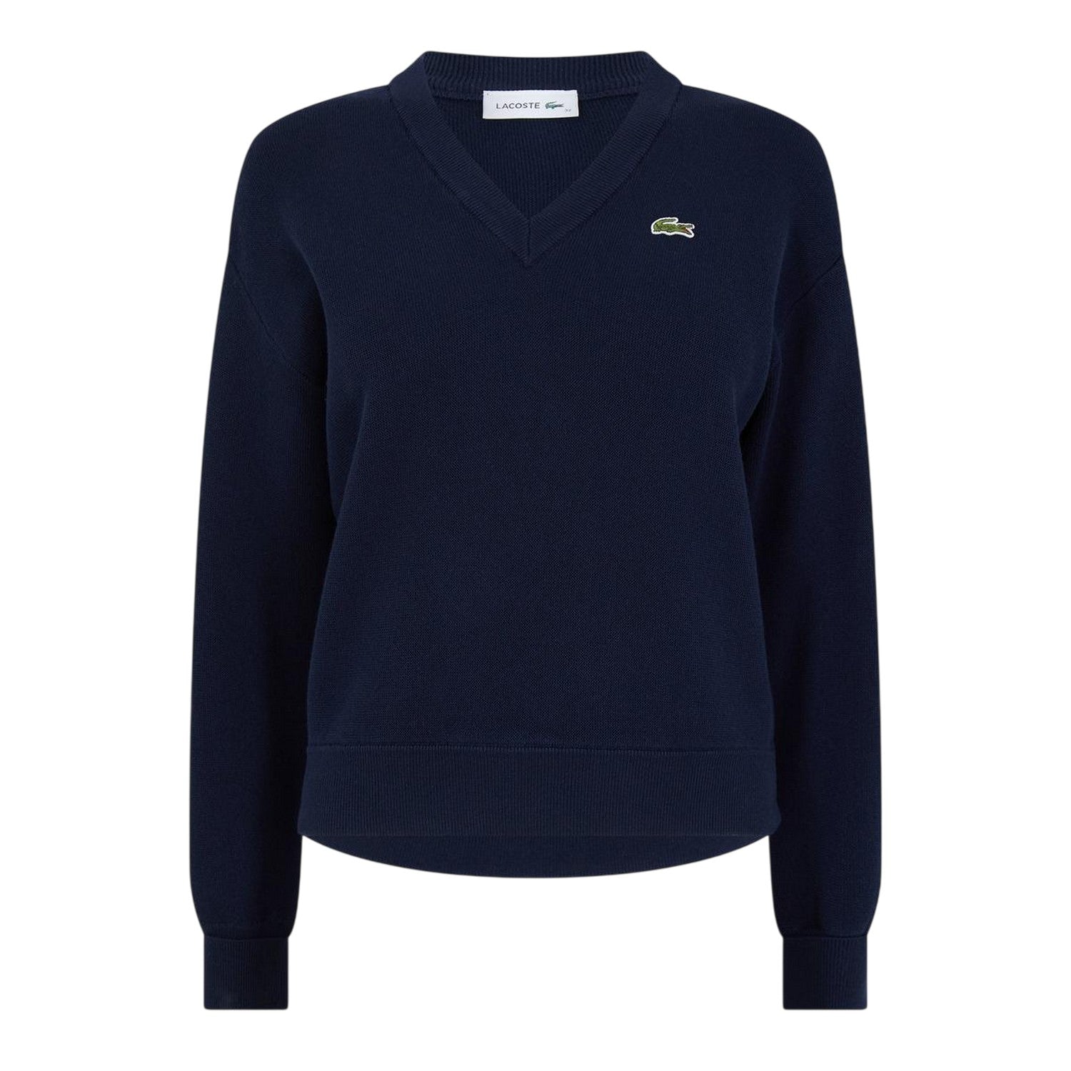 Navy Blue - Front - Lacoste Womens-Ladies Ribbed V Neck Regular Sweater Top