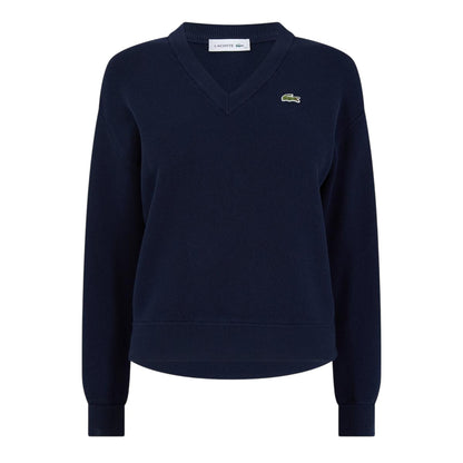 Navy Blue - Front - Lacoste Womens-Ladies Ribbed V Neck Regular Sweater Top