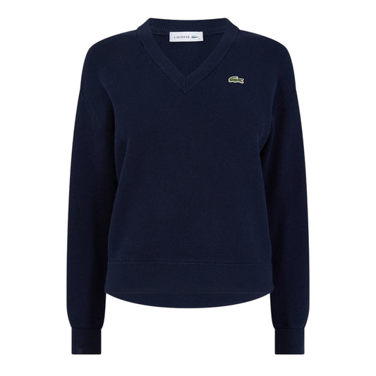 Navy Blue - Front - Lacoste Womens-Ladies Ribbed V Neck Regular Sweater Top