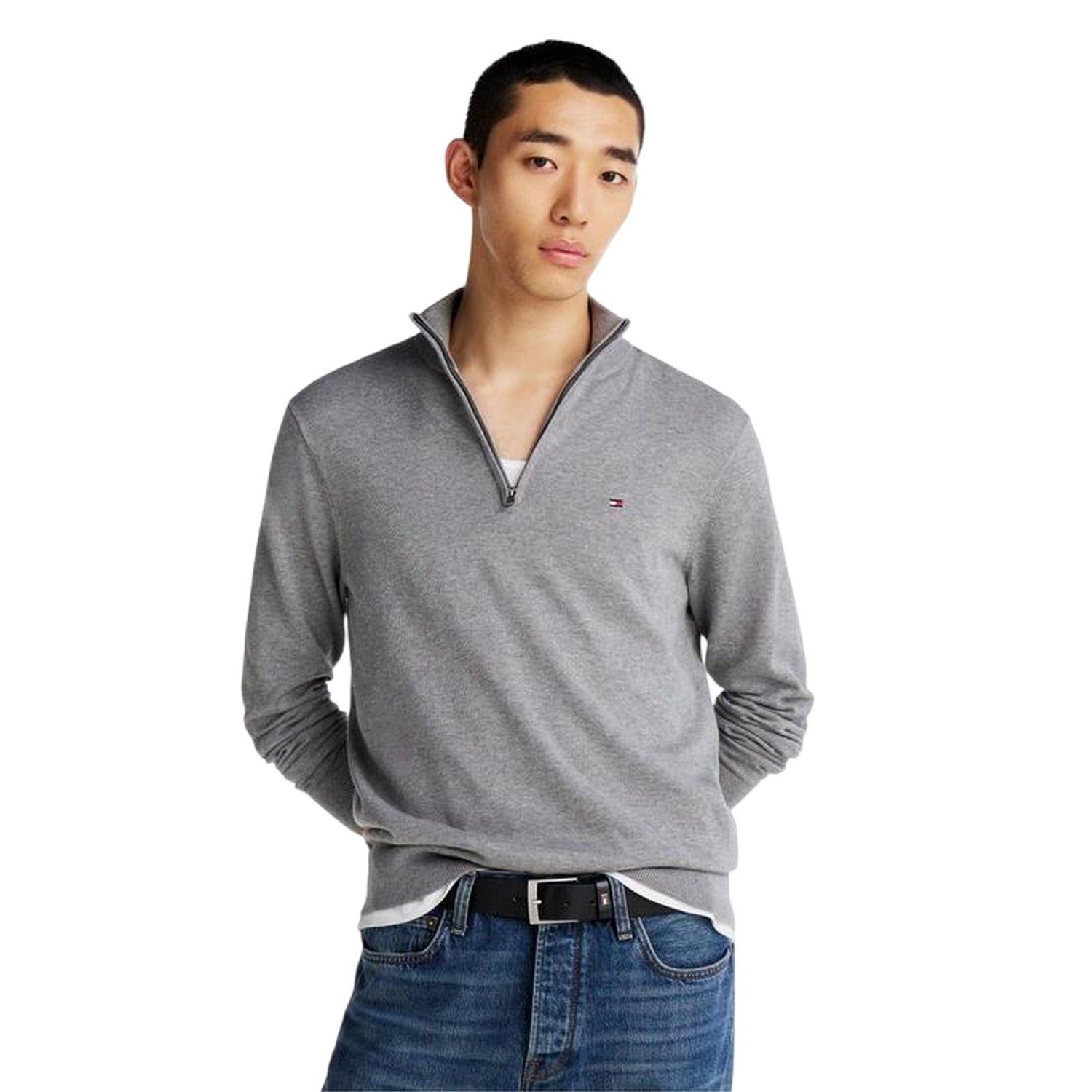 Medium Grey - Side - Tommy Hilfiger Mens Quarter Zip Regular Jumper