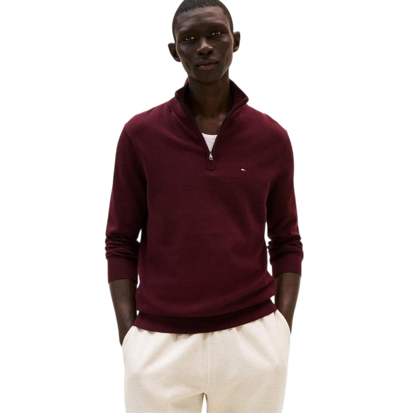 Deep Burgundy - Side - Tommy Hilfiger Mens Quarter Zip Regular Jumper