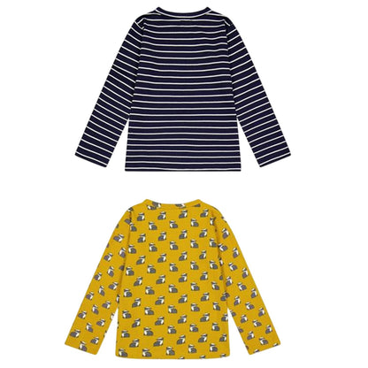 Navy-Yellow - Back - Lilly & Sid Childrens-Kids Badger Stripes Long-Sleeved T-Shirt (Pack of 2)