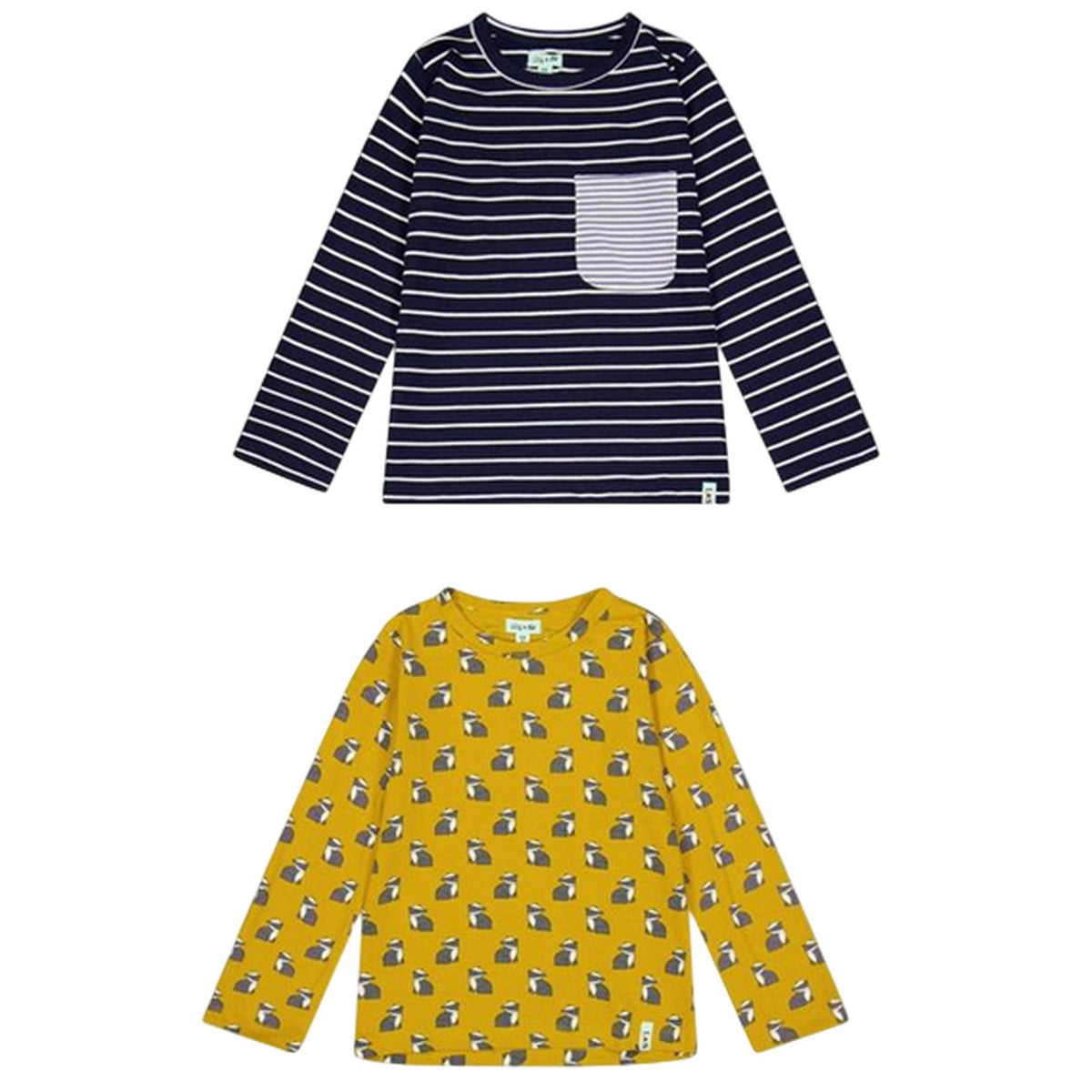 Navy-Yellow - Front - Lilly & Sid Childrens-Kids Badger Stripes Long-Sleeved T-Shirt (Pack of 2)