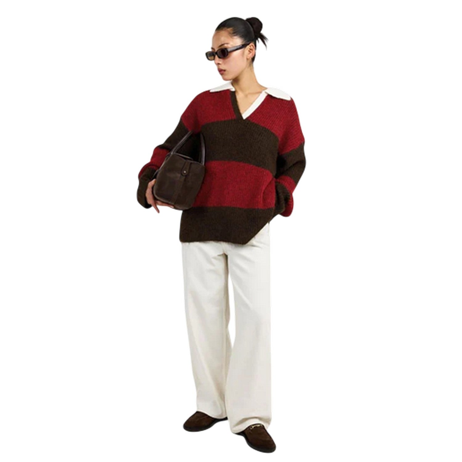 Red-Brown - Close up - 4th & Reckless Womens-Ladies Collared Oversized Sweater Top