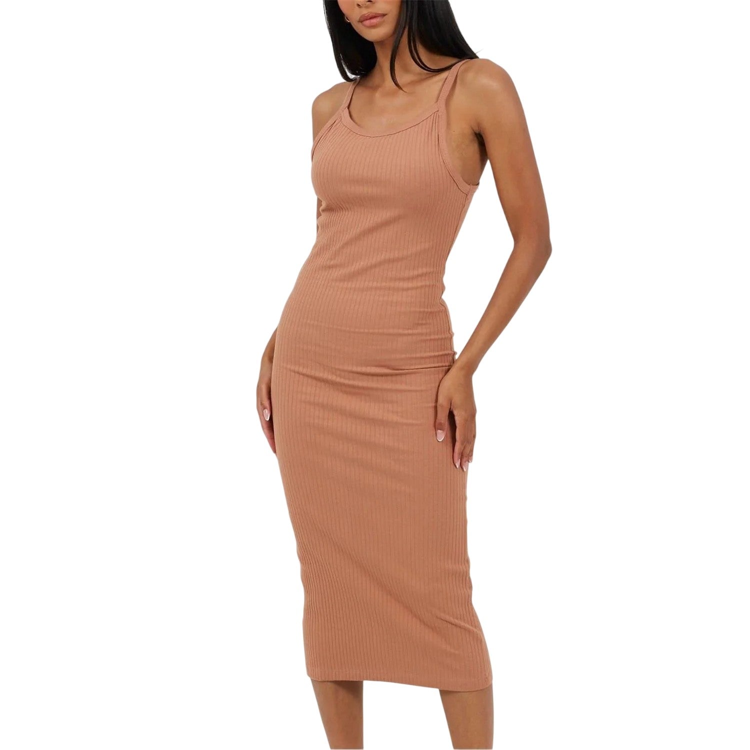 Dark Taupe - Front - Brave Soul Womens-Ladies Bodycon Spaghetti Strap Midi Dress