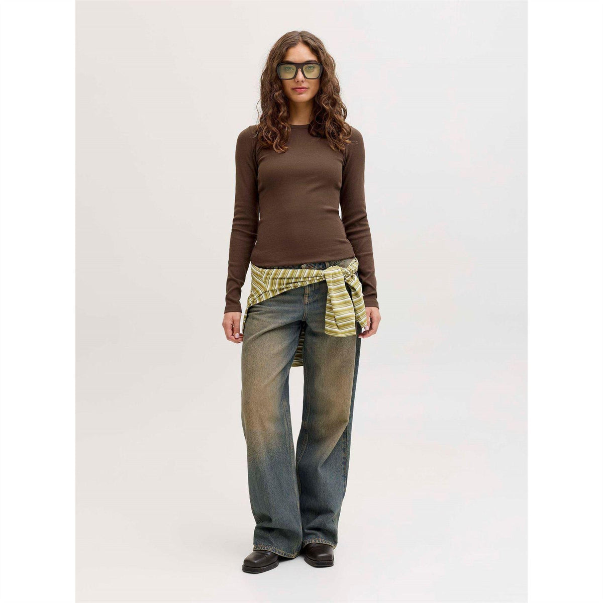 Brown - Side - JJXX Womens-Ladies Freya Ribbed Long-Sleeved T-Shirt
