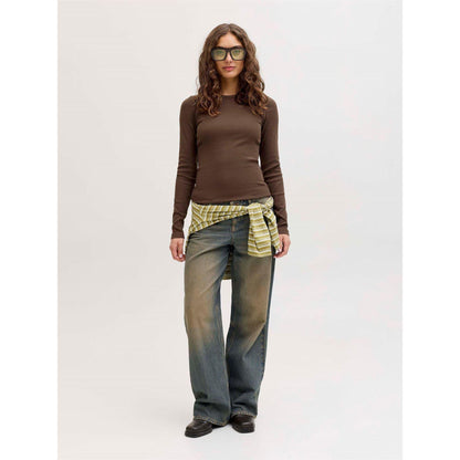Brown - Side - JJXX Womens-Ladies Freya Ribbed Long-Sleeved T-Shirt