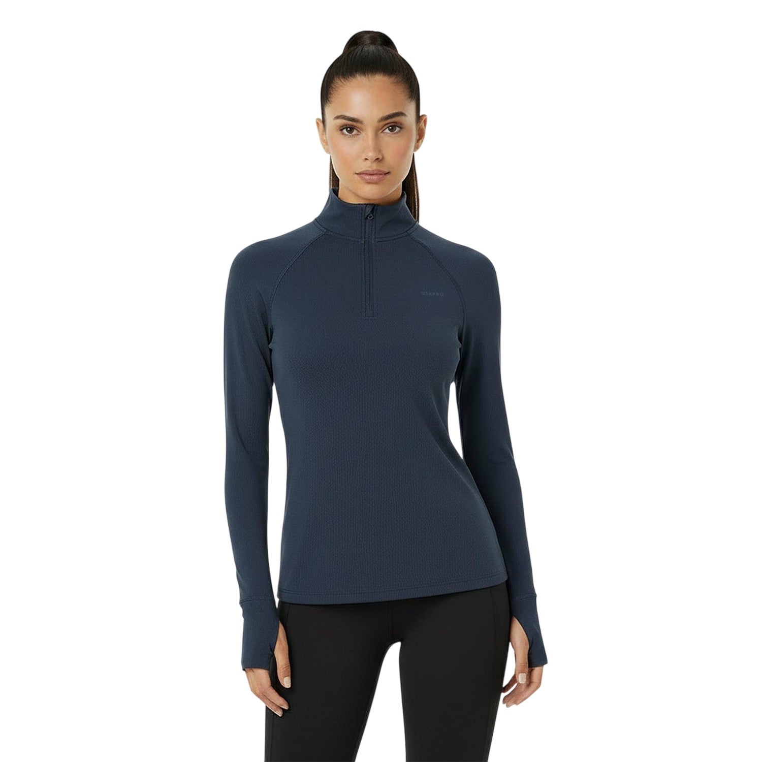 Navy - Side - USA Womens-Ladies Plain Long-Sleeved Base Layer Top