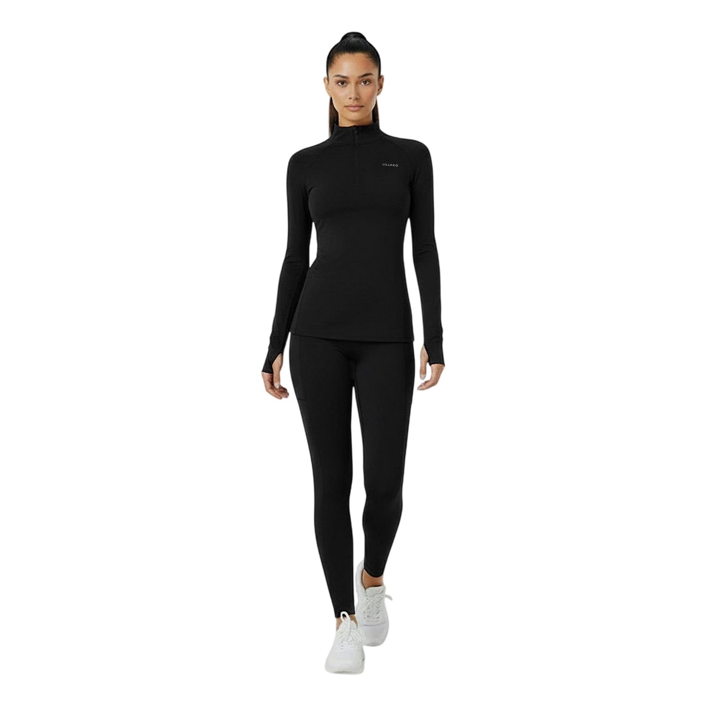Black - Pack Shot - USA Womens-Ladies Plain Long-Sleeved Base Layer Top