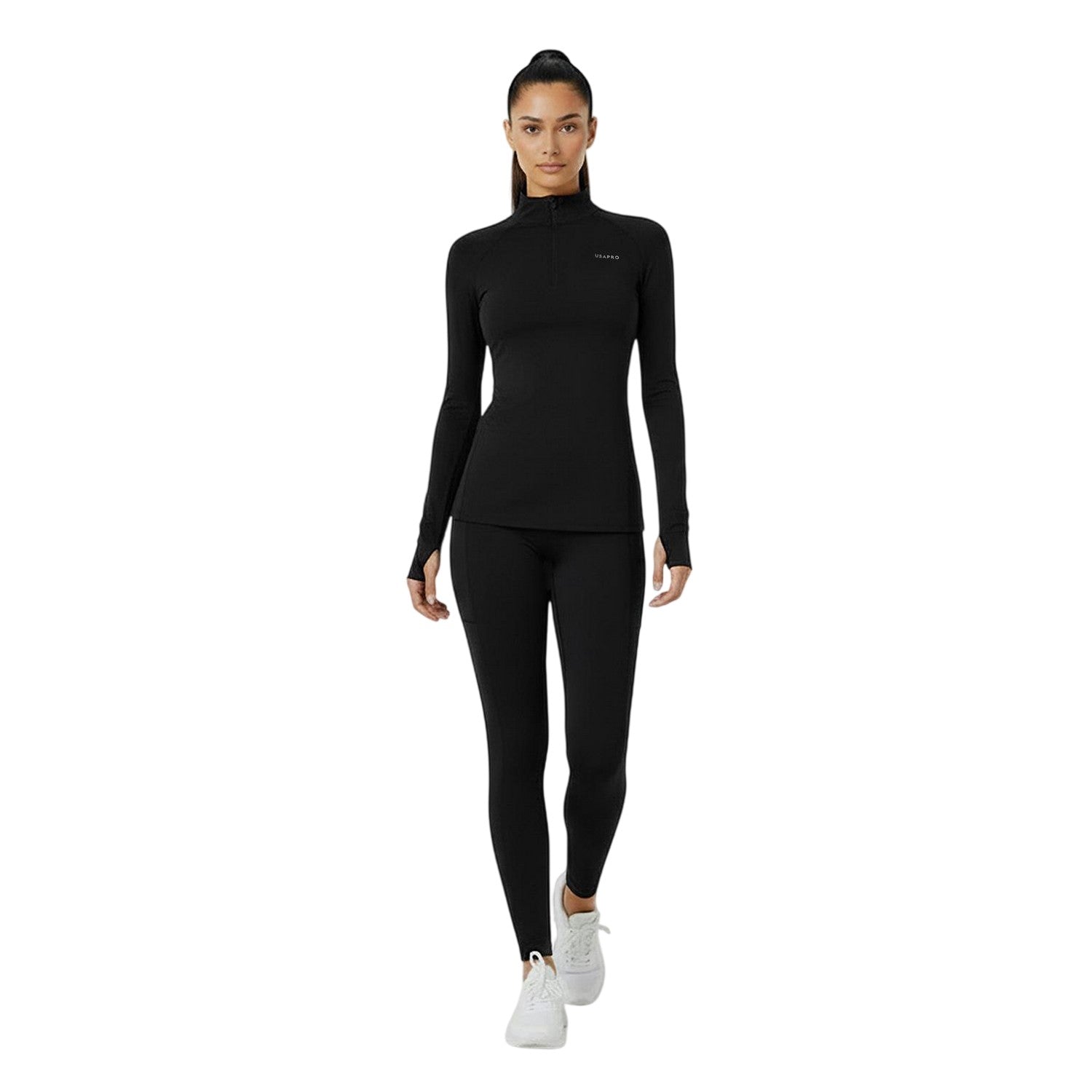 Black - Pack Shot - USA Womens-Ladies Plain Long-Sleeved Base Layer Top