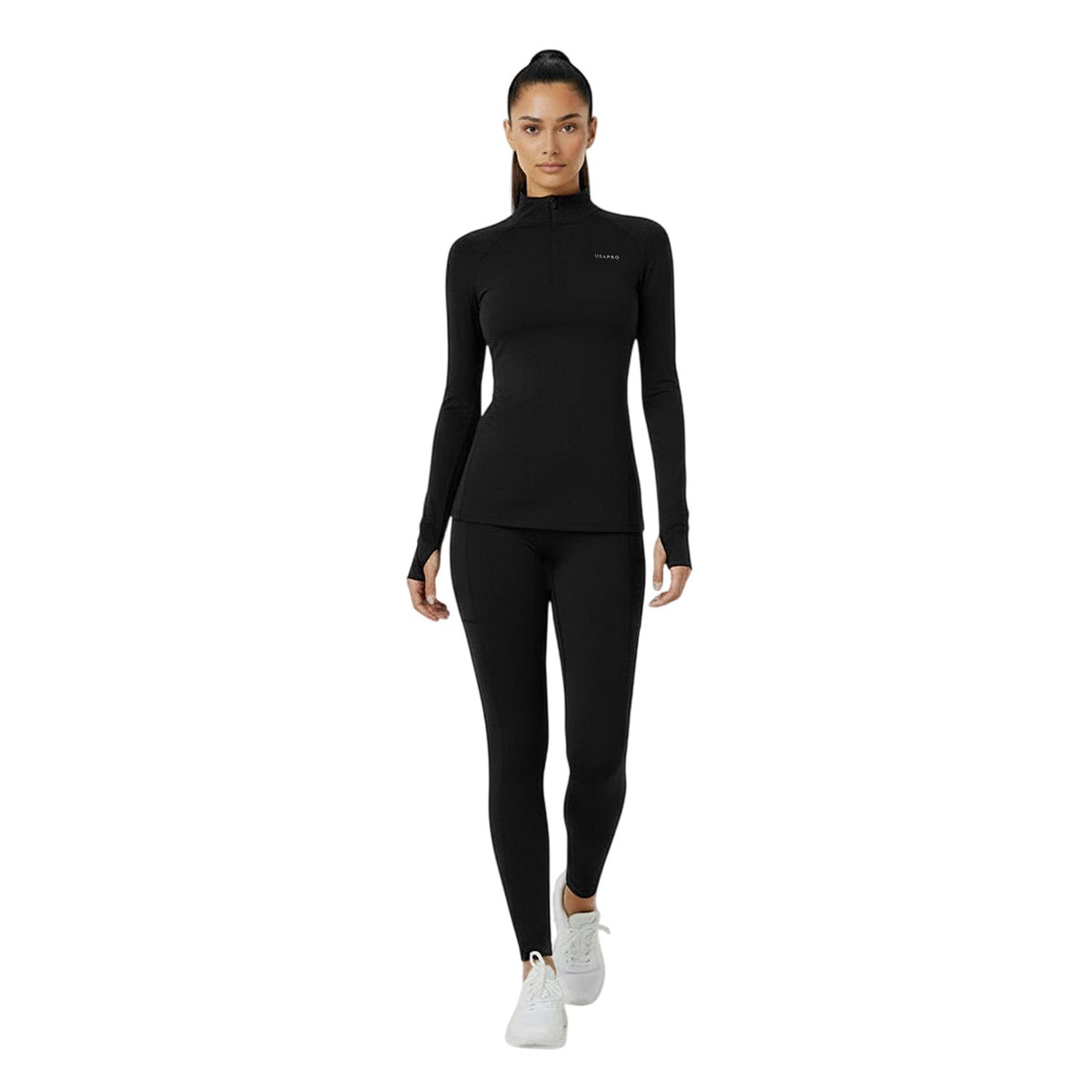 Black - Pack Shot - USA Womens-Ladies Plain Long-Sleeved Base Layer Top